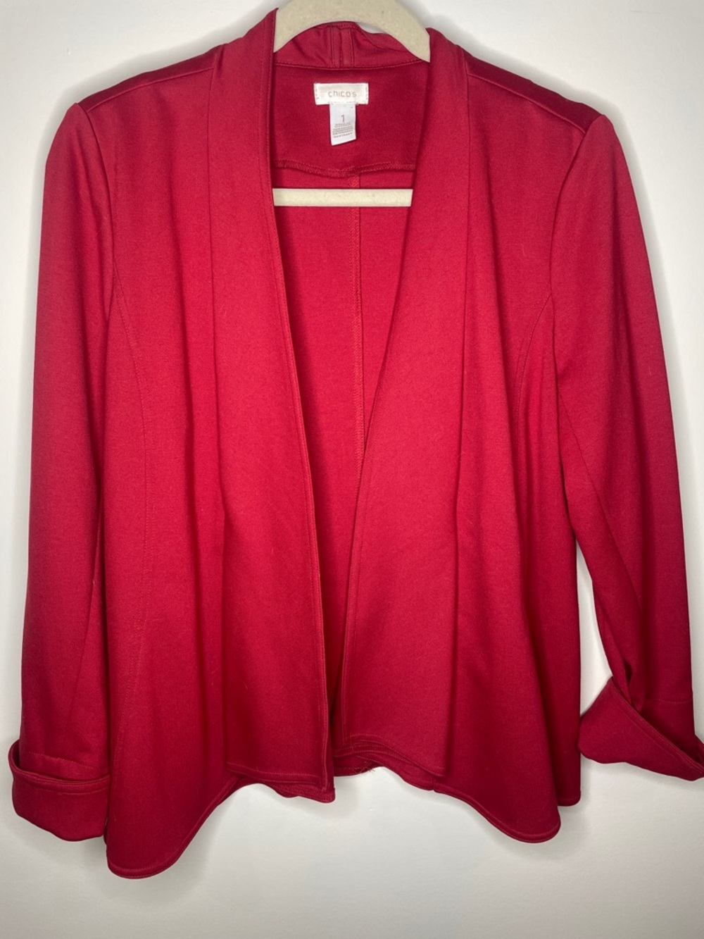 ☔️ Chico's Size 1/medium Red Open-Front Knit Cardigan
